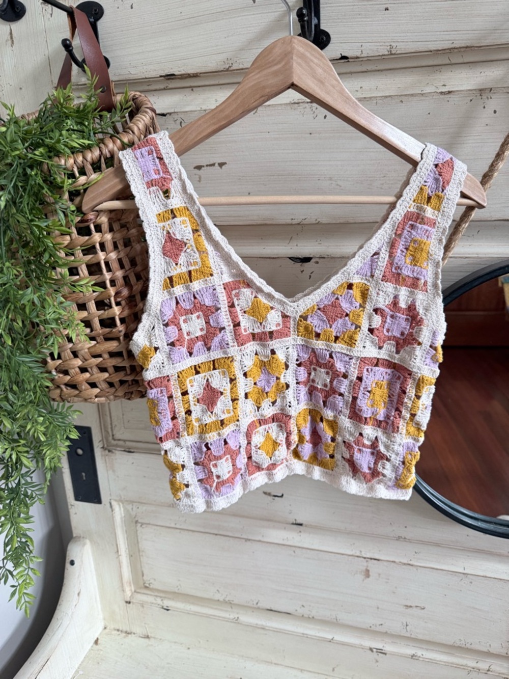 Rebellion Crochet Patchwork Crop Top in White, Pink, Yellow